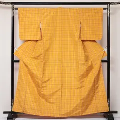 紬 洗える着物 袷 身丈162cm 裄丈62cm ポリエステル Sランク Lサイズ 広衿 カジュアル 格子 しつけ糸 黄系 1216-03080