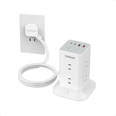 mini型 省エネ 一括スイッチ 雷ガード OA おしゃれ マルチ タコ足配線 たこあしコンセント テーブルタップ TESSAN PD20W USBポート4個(Type-A/C) コンセント 8個AC 薄型プラグ 2m 延長コード タワー型 電源タップ
