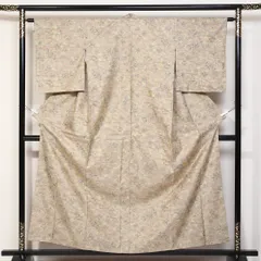 紬 袷 身丈156cm 裄丈62cm 正絹 Sランク Mサイズ バチ衿 カジュアル 花柄 植物柄 ベージュ系 1216-03121