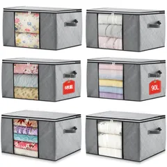 引っ越し 収納 強化ハンドル 棚上 透明窓付き クローゼット ダブルスライダーファスナー 押入れ収納 不織布 折りたたみ式 衣類収納袋 グレー 布 (長 衣装ケース 60cm 衣替え × 敷布団収納 幅 羽毛布団収納袋 42cm 90L:大容量 × 6枚組 高