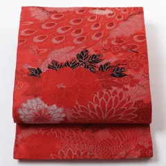 アンティーク 丸帯 帯丈374cm 全通 孔雀 牡丹 菊 吉祥文様 フォーマル 赤系 正絹 Aランク 1223-00726
