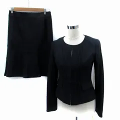 ミッシェルクラン MICHEL KLEIN フォーマルスーツ セットアップ 上下 ノーカラージャケット ミドル丈 フレアスカート ミモレ丈 ダイアゴナルストライプ柄 38 M 紺 ネイビー /SM1