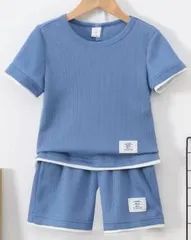 セットアップ 半袖上下 ワッフル素材 2点セット 青 110cm 子供服【その他、ドキュメンタリー 新品】