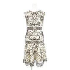 ダイアグラム グレースコンチネンタル Diagram GRACE CONTINENTAL コード刺繍ワンピース ひざ丈 ノースリーブ メッシュ生地 総柄 フォーマル 36 S ベージュ 黒 ブラック /AH15 ■GY03