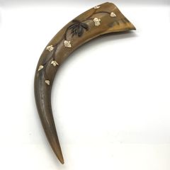 ヴィンテージ】タイ製 水牛の角 彫刻 置物 ペア（2本セット）木製台座 