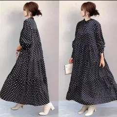 【新品】モード系大きいサイズ　レディースゆったりロングワンピース長袖 黒ブラック水玉柄