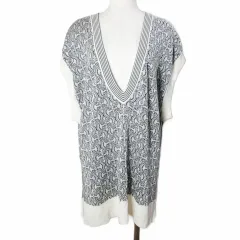 オペークドットクリップ OPAQUE.CLIP 美品 ジャガードニットモチーフベスト プルオーバー オーバーサイズ 総柄 薄手 Vネック レーヨン 38 M 黒 白 X