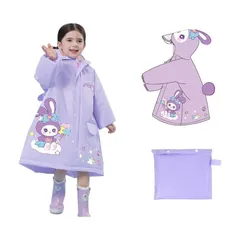 【新品】 [AiUToGo] レインコート キッズ 立体的な翼を持つ 防水耐摩耗性 臭いがない ソフトで快適 子供 レインコート リュック対応 男の子 女の子 ランドセル レインポンチョ キッズ 小学生 雨具 通園 通学 収納バッグ付き (パープルバニー, 0