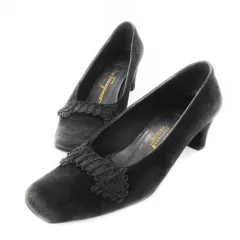 サルヴァトーレフェラガモ Salvatore Ferragamo BOUTIQUE パンプス ミドルヒール スクエアトゥ スエード レザー 革 レースモチーフ 6 23.0cm 黒 ブラック /CK21 ■GY18