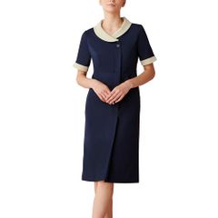 新品 [ミッシェルクラン] クリニック 歯科 美容 エステ 受付 制服 上品 丸襟 フロントファスナー 半袖 膝下 長め丈 ワンピース 【透防止/ストレッチ/制電/制菌/工業洗濯対応】 MK0070 レディース C-5 ネイビー S