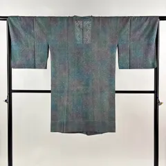 道行 身丈103cm 裄丈65cm M 和装コート 角衿 花唐草 ぼかし 青緑 正絹 名品 【中古】