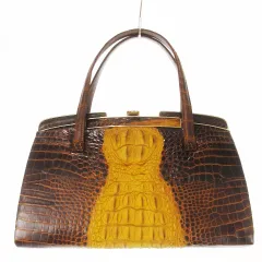 ハンドバッグ レザー 革 クロコダイル カイマン がま口 コインケース付き ミラー付き 茶 ブラウン /CK10 ■GY11
