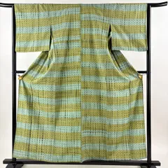 【美品】 小紋 身丈158cm 裄丈64.5cm M 単衣 縞 灰緑 正絹 秀品 【中古】