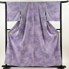 【美品】 小紋 身丈158cm 裄丈63.5cm S 単衣 葉柄 縦縞 紫 正絹 秀品 【中古】