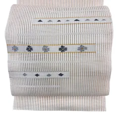 【美品】 名古屋帯 秀品 松葉仕立て 八寸名古屋帯 夏帯 絽 花柄 縞 金銀糸 クリーム 正絹 【中古】