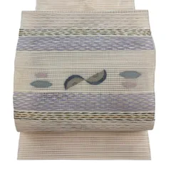 名古屋帯 秀品 夏帯 絽 八寸名古屋帯 松葉仕立て よろけ縞 幾何学 箔 ベージュ 正絹 【中古】