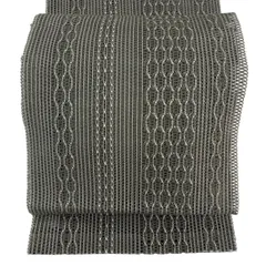 【美品】名古屋帯 秀品 夏帯 トンネル仕立て 八寸名古屋帯 縞 幾何学 銀糸 茶緑色 正絹 【中古】