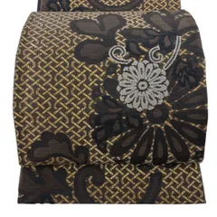 【美品】 袋帯 逸品 斉藤上太郎 落款 菊唐草 幾何学模様 箔 焦茶色 六通 正絹 【中古】