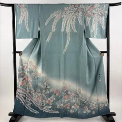 訪問着 身丈160.5cm 裄丈64cm M 袷 落款 辻が花 銀通し ぼかし 青灰色 正絹 名品 【中古】