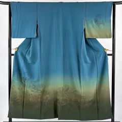 付下げ 身丈152cm 裄丈63.5cm S 袷 鳳凰 草花 刺繍 ぼかし 青緑 正絹 秀品 【中古】