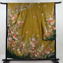 振袖 身丈157cm 裄丈65cm M 袷 牡丹 草花 金彩 山吹茶色 正絹 秀品 【中古】