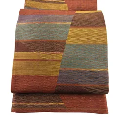 【美品】 袋帯 秀品 落款 幾何学 縞 金糸 赤茶 六通 正絹 【中古】