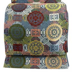 袋帯 秀品 華文 幾何学模様 唐織 青灰色 六通 正絹 【中古】
