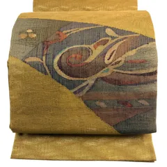 袋帯 秀品 草花 幾何学模様 金通し 山吹茶色 お太鼓柄 正絹 【中古】