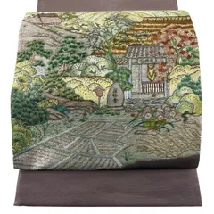 【美品】 袋帯 秀品 風景 家屋 刺繍 金糸 灰紫 お太鼓柄 正絹 【中古】