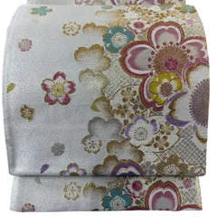 【美品】 袋帯 秀品 桜 花びら 金糸 刺繍 灰白 六通 正絹 【中古】