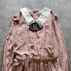 昭和レトロ くすみピンク小花柄ワンピース ベルト付き ロング丈クラシックガーリー