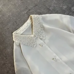 昭和レトロ 生成りアイボリー総レース襟パールボタン長袖ブラウス ゆったり