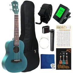 【新品】 PERDIN コンサート ウクレレ 初心者セット 楽譜付き 10点セット 6曲 マホガニー 初心者 入門書 クッション入りケース コード早見表 チューナー ナイロン弦 ピック ストラップ ワインダー ストラップ (セルリアンブルー, コンサート) 1