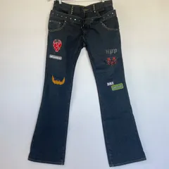 【希少】Y2K ギミックデニム フレアジーンズ　濃紺　インディゴ　ワッペン　スタッズ　 ダブルウエスト アーカイブ W84