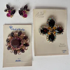 アメリカンヴィンテージ コスチュームジュエリー 3点セット ラインストーン フラワーモチーフ　　　■