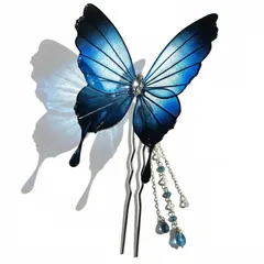 【蝶かんざし】モルフォ蝶風・ライトブルー×青・黒【黒ワイヤー】ゴールドチャーム
