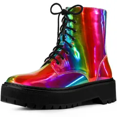 アレグラ ケー レディース シューズ ブーツ・レインブーツ プラットフォーム アンクル レース ALLEGRA K Womens Round Toe Platform Lace Up Colorful Combat Ankle Boots Colorful