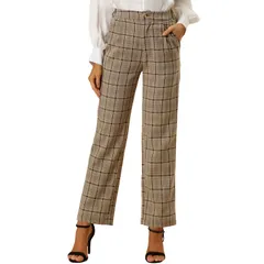 アレグラ ケー レディース ボトムス カジュアルパンツ ストレート ALLEGRA K Womens Plaid Elastic Waist Button Zipper Straight Leg Long Pants Light Brown ブラウン