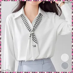 送料無料 パール付きスカーフタイシャツブラウス上品 ボウタイブラウスレディース フェミニンVネックブラウス オフィスカジュアル サテン風とろみブラウス 着やせきれいめ細見え 入学式卒業式女子会 大人女性通勤服長袖 フォーマルブラウス