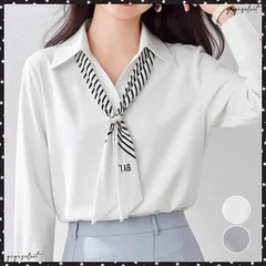 パール付きスカーフタイシャツブラウス上品 ボウタイブラウスレディース フェミニンVネックブラウス オフィスカジュアル サテン風とろみブラウス 着やせきれいめ細見え 入学式卒業式女子会 大人女性通勤服長袖 フォーマルブラウス 送料無料