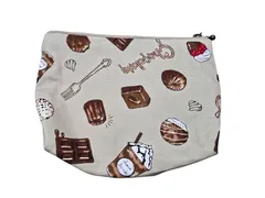 【ハンドメイド ポーチ】大人可愛い スイーツ柄 コスメポーチ ベージュ マチ付き 小物入れ 一点物