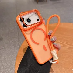 【新品】 iPhone 17 Pro 用 ケース Magsafe対応 レンズスタンド内蔵 カバー TPUバンパー 隠しスタンド 指紋防止 リストストラップ付き 半透明PC背面 耐衝撃性 傷防止背面 (オレンジ) 1