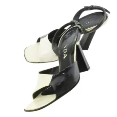 プラダ PRADA ストラップサンダル ハイヒール レザー 革 配色 バイカラー モノ 36 23.0cm 黒 ブラック /CK20 ■GY18