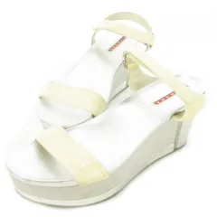 プラダ PRADA ウェッジソールサンダル ストラップ レザー 革 エナメル ロゴ型押し シルバーカラー 37 24.0cm ベージュ /CK11 ■GY19