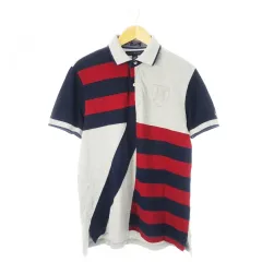 トミーヒルフィガー TOMMY HILFIGER ポロシャツ 半袖 鹿の子 切替 ロゴ刺繍 ボーダー ストライプ M グレー /CK19 ■GY18