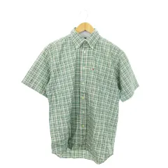 トミーヒルフィガー TOMMY HILFIGER ボタンダウンシャツ 半袖 チェック ロゴ刺繍 S 緑 グリーン /MN17 ■GY37