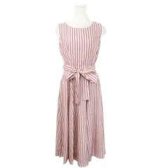 アンドクチュール AND COUTURE ロングワンピース ノースリーブ ブラウジング リボン ストライプ 38 M ピンク /MN5 ■GY44