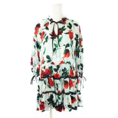 アリスオリビア alice + olivia シアーワンピース ミニ Vネック 長袖 絹 シルク混 リボン レース ジャカード バラ ローズ 花柄 インナー付き 青 サックス /CK4 ■GY18