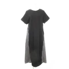 ロデオクラウンズ Rodeo Crowns 異素材ドッキングワンピース ロング 半袖 コットン 切り替え ギンガムチェック F 黒 ブラック グレー 420ESR83-0510 /AH21