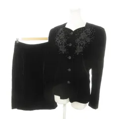 リファンネ RIFANNE 東京ソワール フォーマル セットアップ ベロア ノーカラー ジャケット 総裏地 タイトスカート ひざ丈 バックスリット 刺繍 花柄 ビーズ 大きいサイズ 13 15 黒 ブラック /MN4 ■GY11